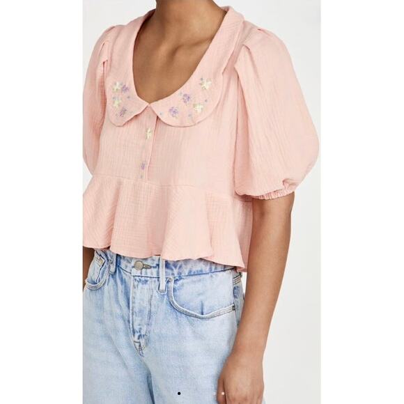 Tach Larina Embroidered Peplum Linen Top Size Medium Pink Collar Puff Sleeve EUC - Picture 1 of 16